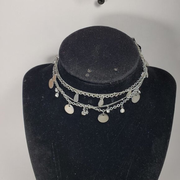Women's Stunning Rhodium Layered Choker with Discs & Crystal Drops 11+2-inch - Picture 7 of 8